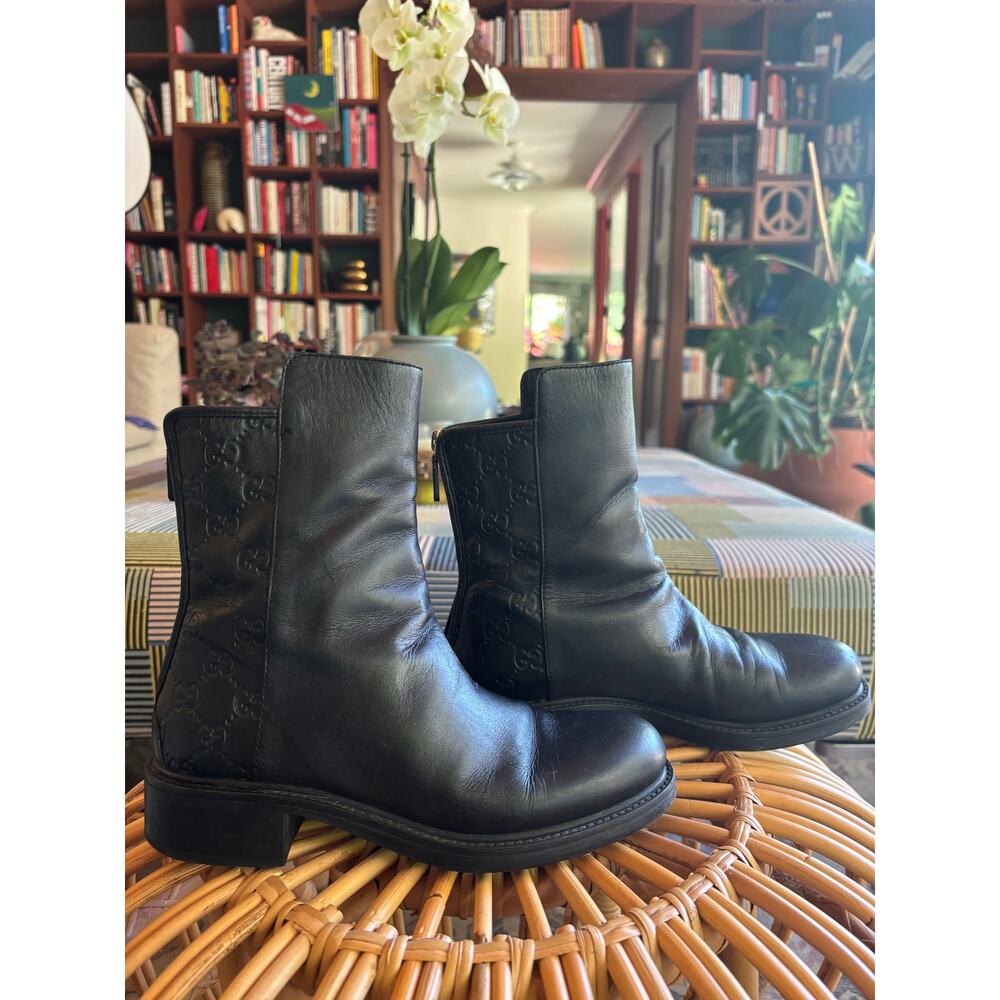 Gucci Vintage Black Leather Zip Boots Guccissima Monogram 36 Ankle Italy